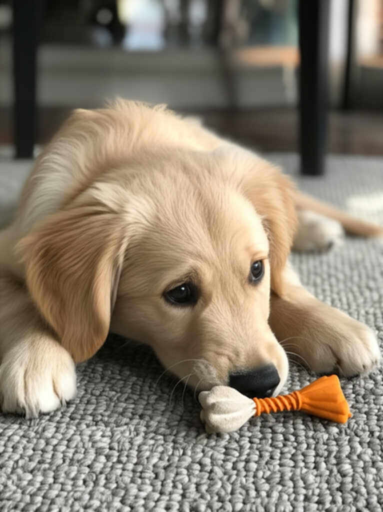 1. Một ch&uacute; ch&oacute; Golden Retriever nhỏ nhắn đang nằm cuộn tr&ograve;n tr&ecirc;n thảm, &aacute;nh nắng chiều v&agrave;ng &oacute;ng nhuộm v&agrave;ng bộ l&ocirc;ng mềm mượt của n&oacute;.  Đ&ocirc;i mắt n&acirc;u đen long lanh nh&igrave;n chăm ch&uacute; v&agrave;o một m&oacute;n đồ chơi gặm nhấm nhỏ x&iacute;u.