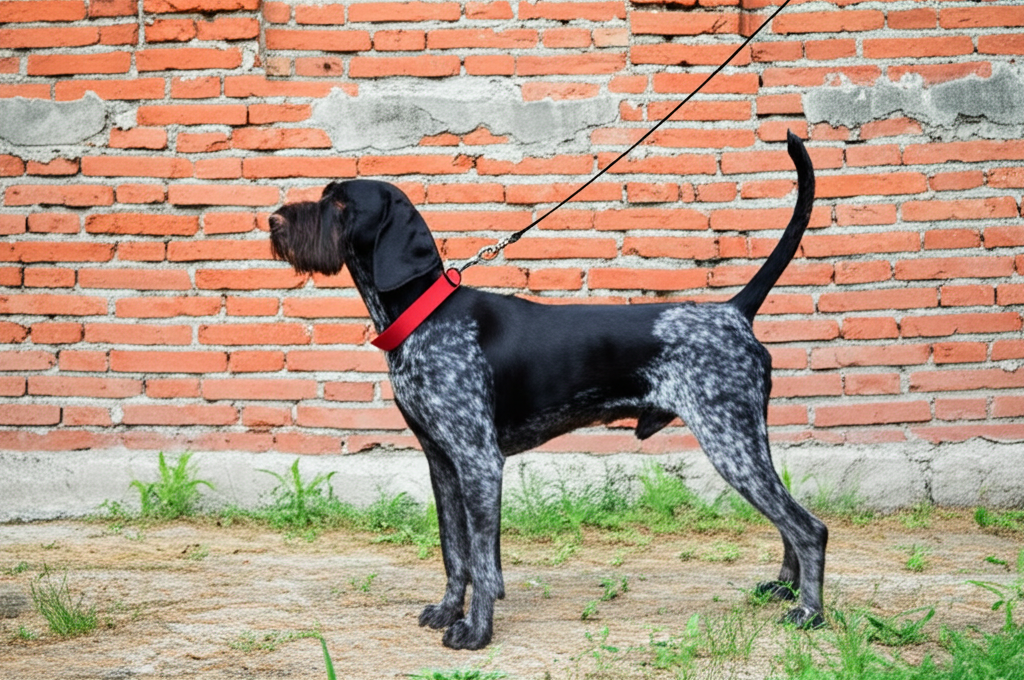 2. Một con ch&oacute; săn Đức l&ocirc;ng ngắn m&agrave;u đen b&oacute;ng lo&aacute;ng đang đứng thẳng tắp, tư thế đầy uy nghi&ecirc;m trước một bức tường gạch cổ k&iacute;nh.  Đ&ocirc;i tai dựng đứng, c&aacute;i đu&ocirc;i thẳng tắp, thể hiện sự cảnh gi&aacute;c v&agrave; mạnh mẽ.