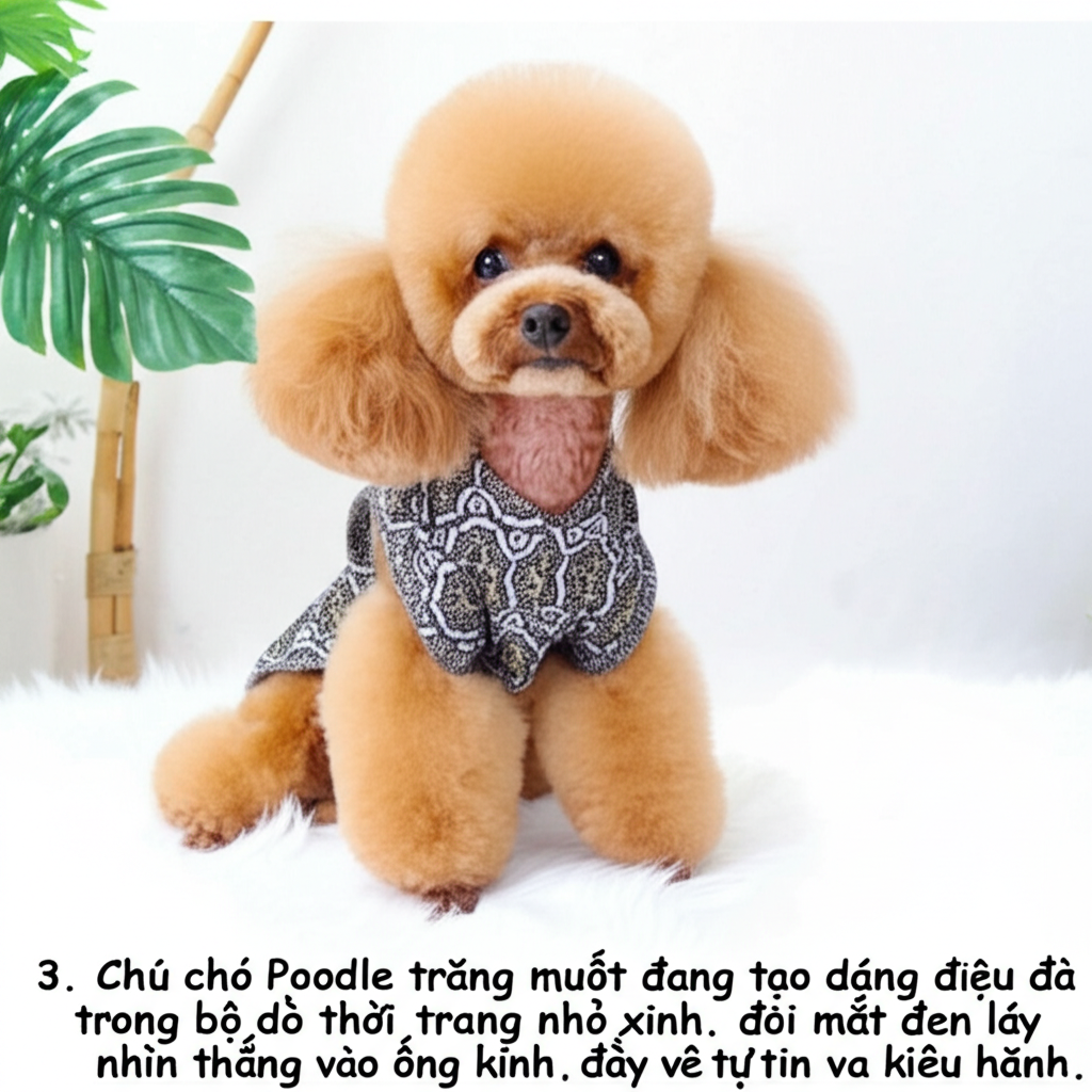 3. Ch&uacute; ch&oacute; Poodle trắng muốt đang tạo d&aacute;ng điệu đ&agrave; trong bộ đồ thời trang nhỏ xinh,  đ&ocirc;i mắt đen l&aacute;y nh&igrave;n thẳng v&agrave;o ống k&iacute;nh, đầy vẻ tự tin v&agrave; ki&ecirc;u h&atilde;nh.