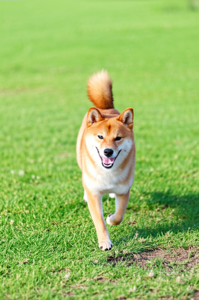 4. Một con ch&oacute; Shiba Inu nhỏ nhắn với bộ l&ocirc;ng đỏ cam đặc trưng đang vui vẻ chạy nhảy tr&ecirc;n b&atilde;i cỏ xanh mướt.  Những bước chạy đầy năng lượng để lại những vệt cỏ bị dẫm n&aacute;t.