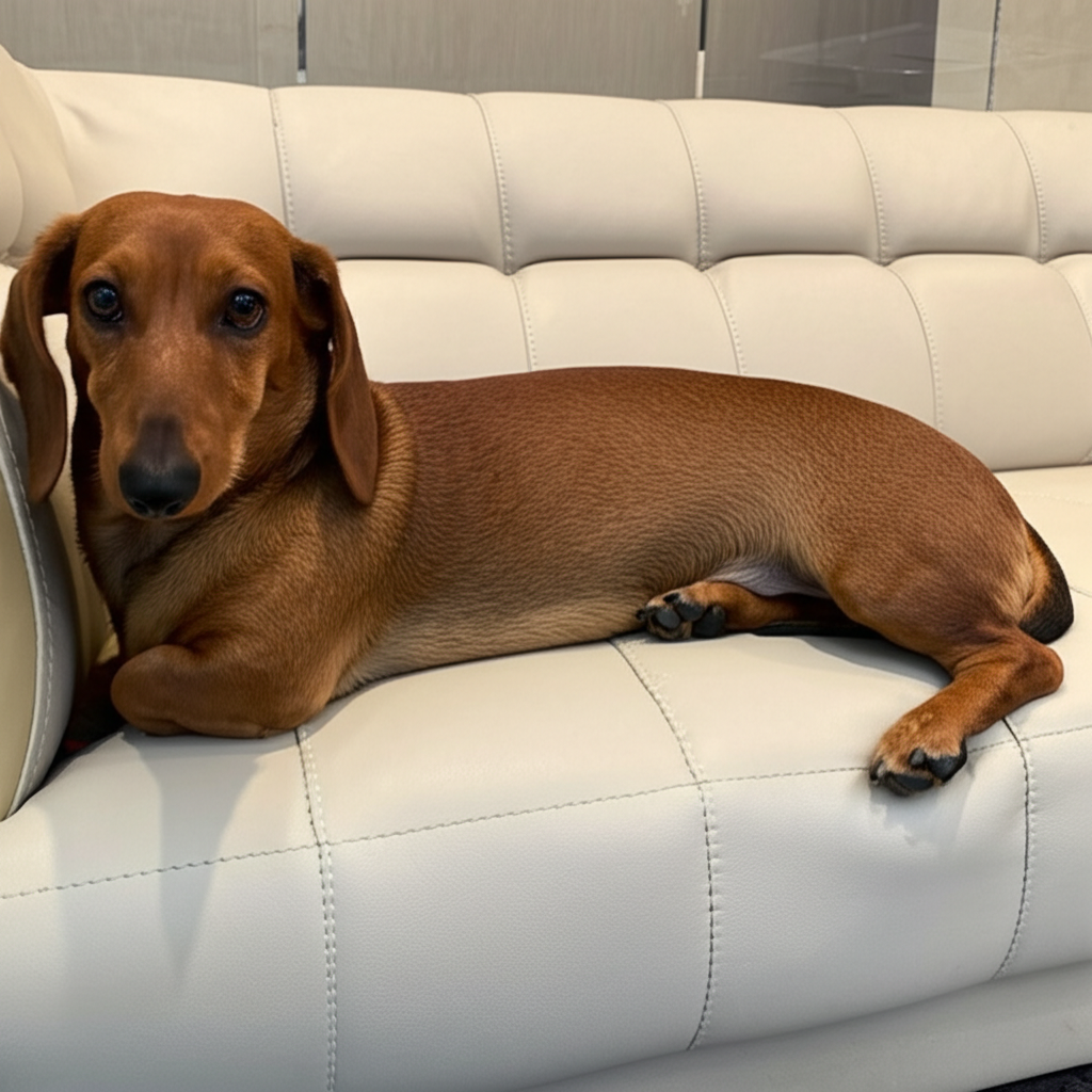 5. Một ch&uacute; ch&oacute; Dachshund d&agrave;i m&igrave;nh, m&agrave;u n&acirc;u sẫm, đang nằm d&agrave;i thư gi&atilde;n tr&ecirc;n ghế sofa mềm mại.  N&oacute; thở d&agrave;i một hơi, vẻ mặt thư th&aacute;i v&agrave; hưởng thụ.