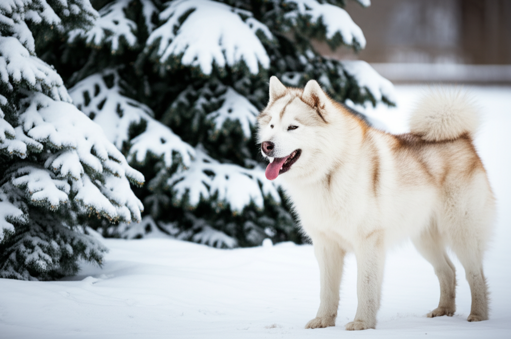 6. Con ch&oacute; Alaskan Malamute to lớn, bộ l&ocirc;ng d&agrave;y phủ k&iacute;n cơ thể, đang đứng cạnh một c&acirc;y th&ocirc;ng tuyết phủ trắng x&oacute;a.  H&igrave;nh ảnh đối lập giữa m&agrave;u trắng của tuyết v&agrave; bộ l&ocirc;ng trắng muốt của n&oacute; tạo n&ecirc;n khung cảnh tuyệt đẹp.