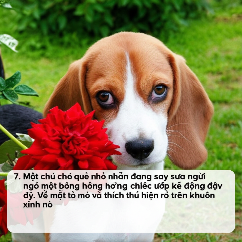 7.  Một ch&uacute; ch&oacute; Beagle nhỏ nhắn đang say sưa ngửi ng&oacute; một b&ocirc;ng hoa hồng đỏ tươi, chiếc mũi ướt nhẹp khẽ động đậy.  Vẻ mặt t&ograve; m&ograve; v&agrave; th&iacute;ch th&uacute; hiện r&otilde; tr&ecirc;n khu&ocirc;n mặt nhỏ xinh.
