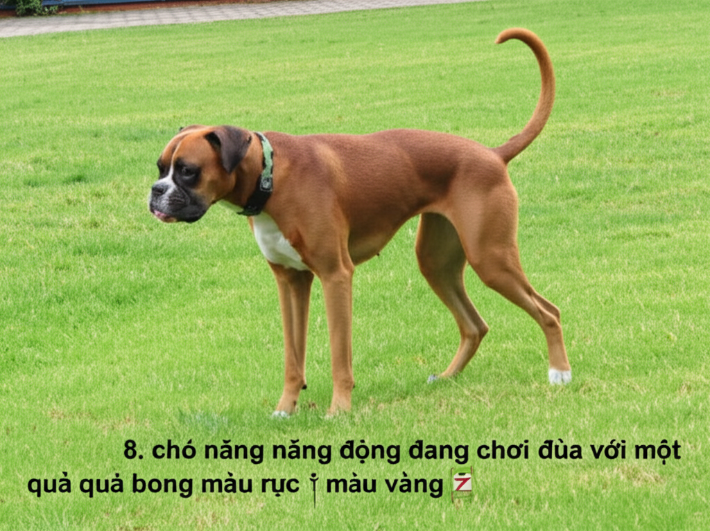 8.  Con ch&oacute; Boxer năng động đang chơi đ&ugrave;a với một quả b&oacute;ng tennis m&agrave;u v&agrave;ng rực rỡ tr&ecirc;n s&acirc;n cỏ rộng lớn.  Năng lượng tr&agrave;n đầy của n&oacute; l&agrave;m cho bức ảnh trở n&ecirc;n sống động.