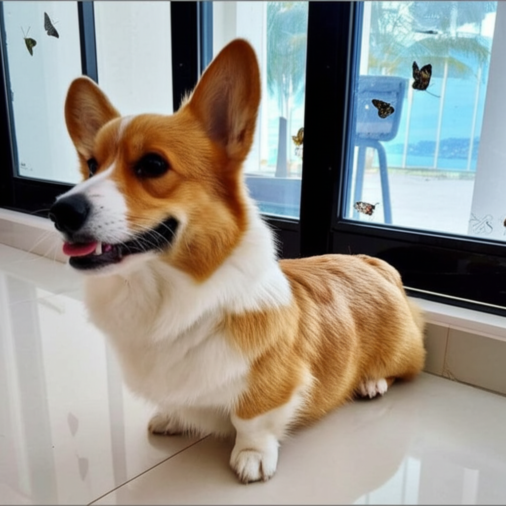 9.  Một ch&uacute; ch&oacute; corgi nhỏ nhắn đang nằm sấp tr&ecirc;n s&agrave;n nh&agrave;, đ&ocirc;i ch&acirc;n ngắn ngủn đ&aacute;ng y&ecirc;u.  N&oacute; đang nh&igrave;n chăm ch&uacute; v&agrave;o một con bướm đậu tr&ecirc;n cửa sổ.
