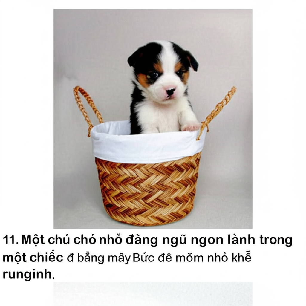 11. Một ch&uacute; ch&oacute; nhỏ đang ngủ ngon l&agrave;nh trong một chiếc giỏ đan bằng m&acirc;y, chiếc m&otilde;m nhỏ khẽ rung rinh.  Bức ảnh to&aacute;t l&ecirc;n vẻ y&ecirc;n b&igrave;nh v&agrave; ấm &aacute;p.