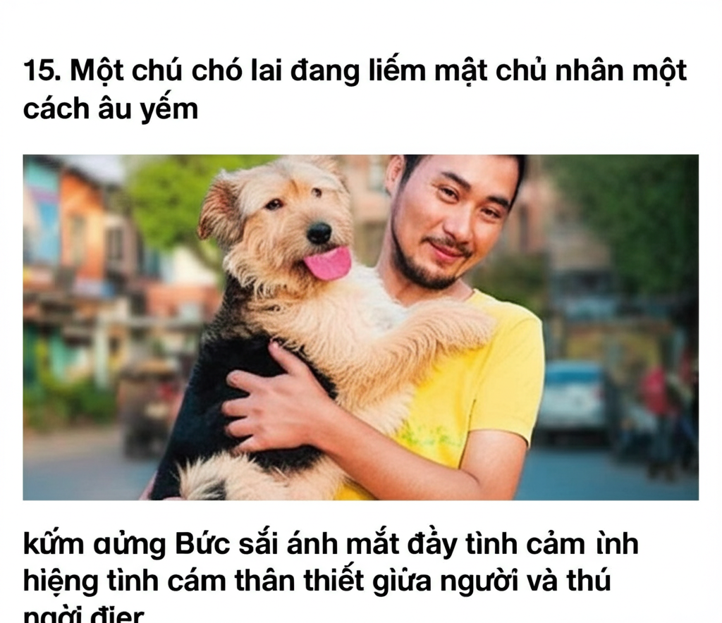 15.  Một ch&uacute; ch&oacute; lai đang liếm mặt chủ nh&acirc;n một c&aacute;ch &acirc;u yếm,  &aacute;nh mắt đầy t&igrave;nh cảm.  Bức ảnh thể hiện t&igrave;nh cảm th&acirc;n thiết giữa người v&agrave; th&uacute; cưng.