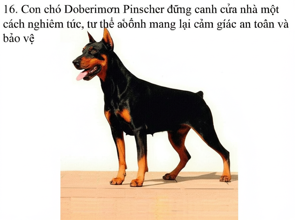 16. Con ch&oacute; Doberman Pinscher đứng canh cửa nh&agrave; một c&aacute;ch nghi&ecirc;m t&uacute;c, tư thế oai vệ.  H&igrave;nh ảnh mang lại cảm gi&aacute;c an to&agrave;n v&agrave; bảo vệ.