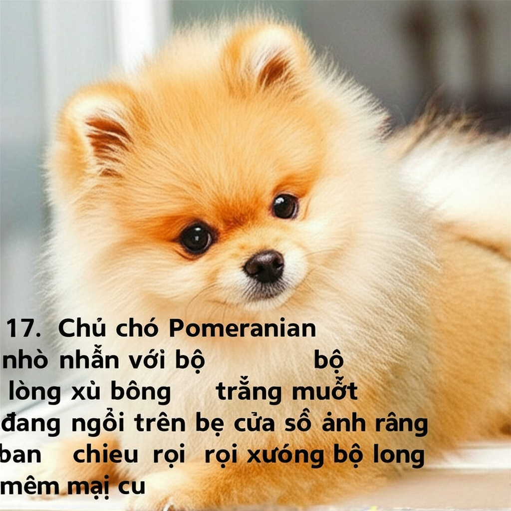 17. Ch&uacute; ch&oacute; Pomeranian nhỏ nhắn với bộ l&ocirc;ng x&ugrave; b&ocirc;ng trắng muốt đang ngồi tr&ecirc;n bệ cửa sổ, &aacute;nh nắng ban mai chiếu rọi xuống bộ l&ocirc;ng mềm mại của n&oacute;.  Vẻ đ&aacute;ng y&ecirc;u v&agrave; tinh nghịch hiện l&ecirc;n r&otilde; n&eacute;t.