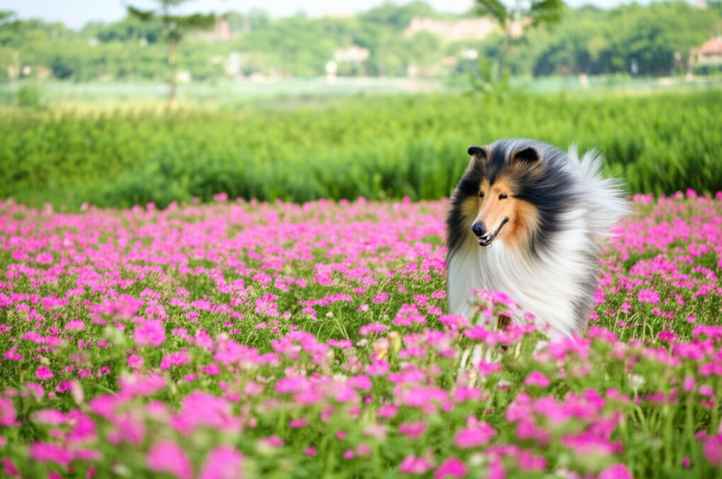 18. Con ch&oacute; Collie l&ocirc;ng d&agrave;i, m&agrave;u đen v&agrave; trắng, đang chạy tung tăng tr&ecirc;n c&aacute;nh đồng hoa hướng dương rộng lớn,  bộ l&ocirc;ng của n&oacute; bay phấp phới trong gi&oacute;.