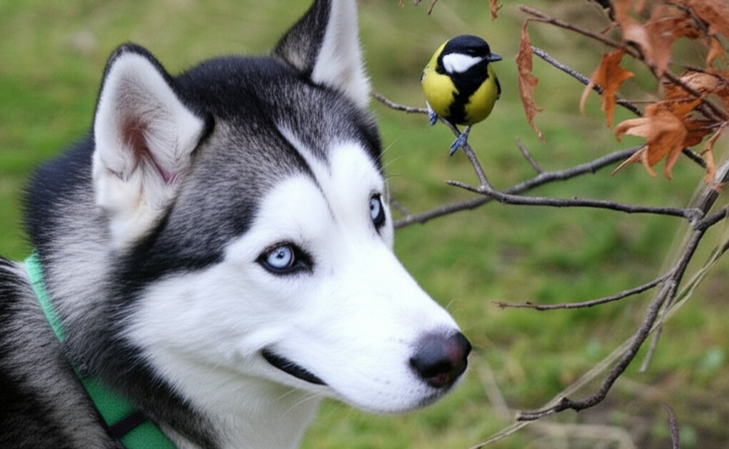 19. Một ch&uacute; ch&oacute; Husky Siberia mắt xanh đang nh&igrave;n chăm ch&uacute; v&agrave;o một con chim nhỏ đậu tr&ecirc;n c&agrave;nh c&acirc;y.  Sự tập trung v&agrave; vẻ đẹp của n&oacute; rất cuốn h&uacute;t.