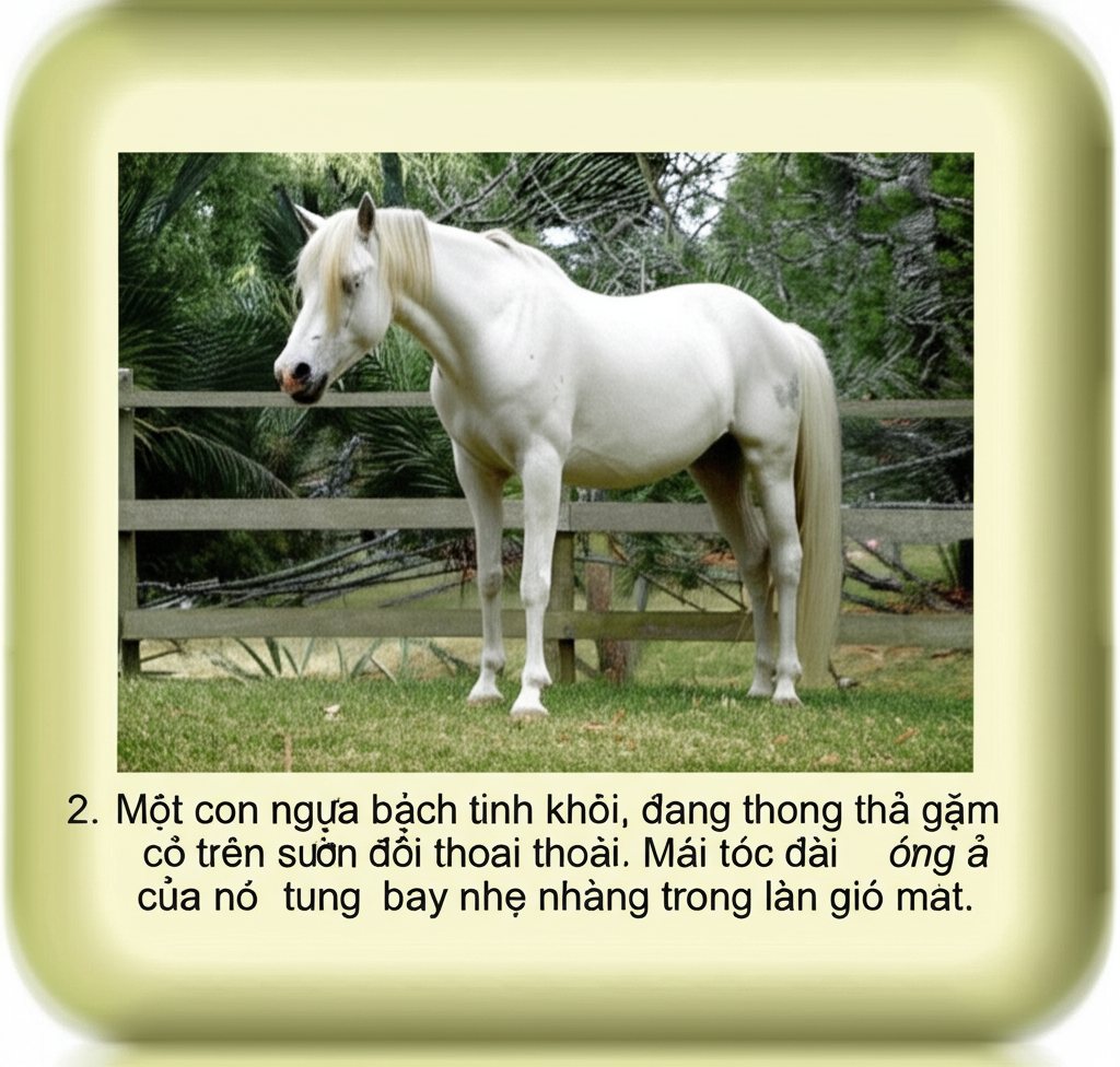 2. Một con ngựa bạch tinh kh&ocirc;i, đang thong thả gặm cỏ tr&ecirc;n sườn đồi thoai thoải.  M&aacute;i t&oacute;c d&agrave;i &oacute;ng ả của n&oacute; tung bay nhẹ nh&agrave;ng trong l&agrave;n gi&oacute; m&aacute;t.