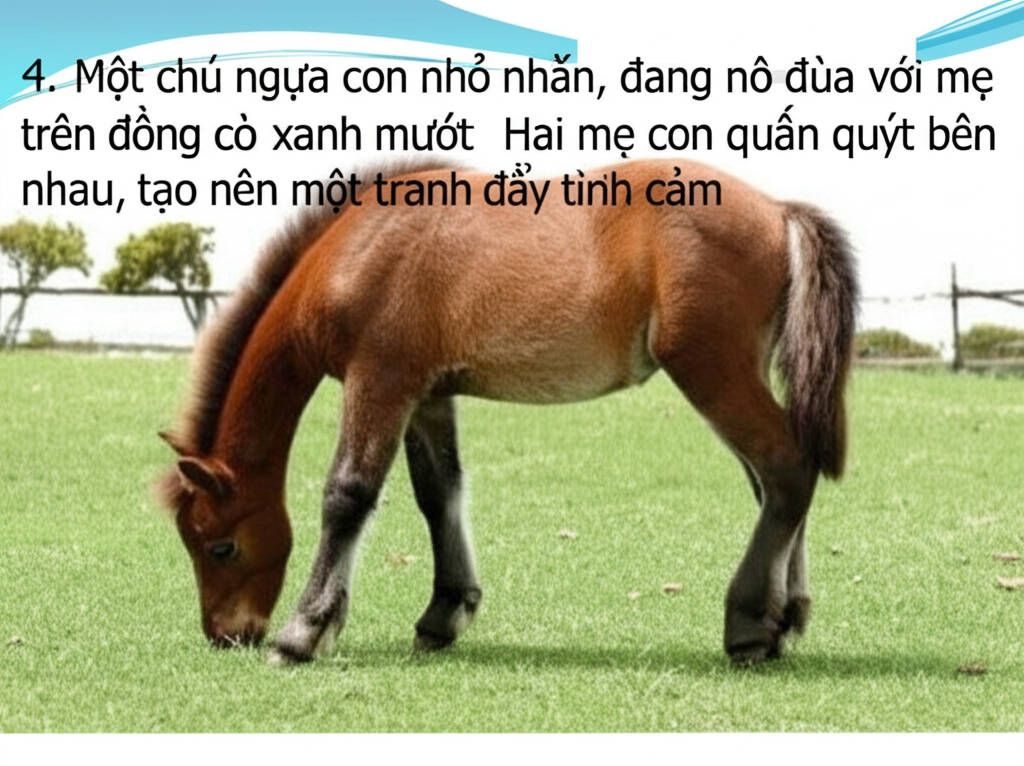 4. Một ch&uacute; ngựa con nhỏ nhắn, đang n&ocirc; đ&ugrave;a với mẹ tr&ecirc;n đồng cỏ xanh mướt.  Hai mẹ con quấn qu&yacute;t b&ecirc;n nhau, tạo n&ecirc;n một bức tranh đầy t&igrave;nh cảm.