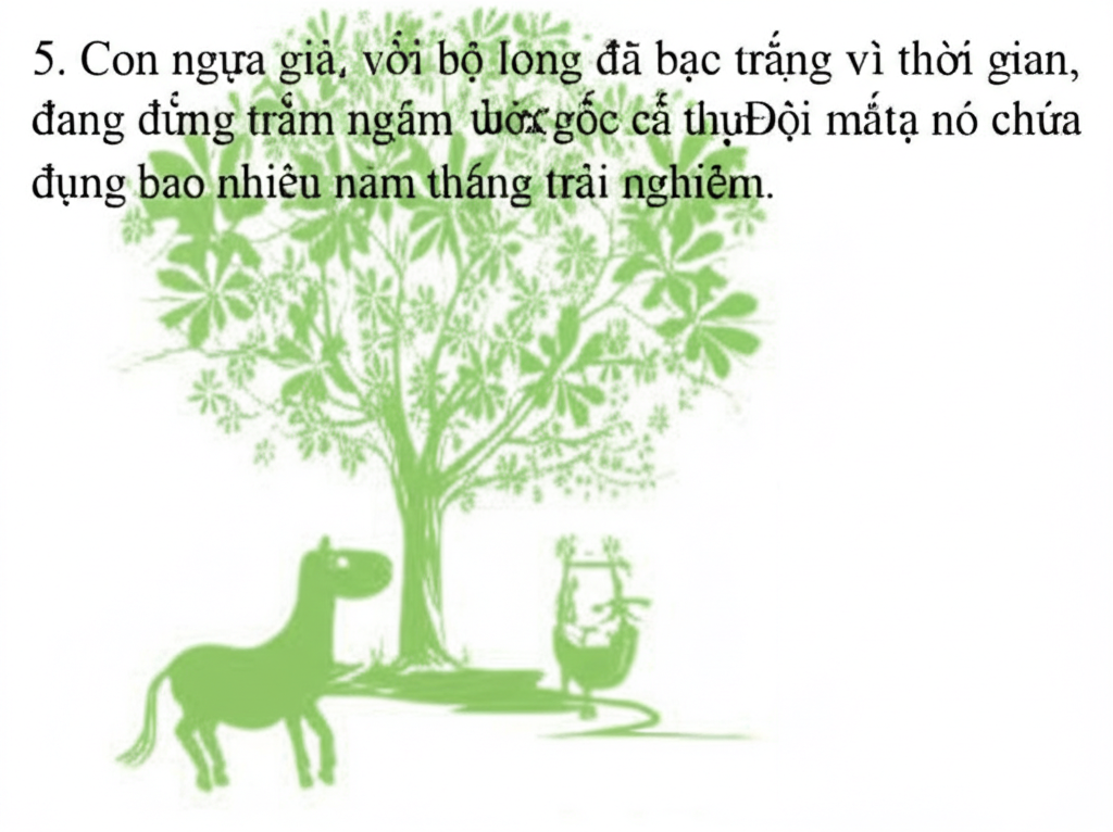 5. Con ngựa gi&agrave;, với bộ l&ocirc;ng đ&atilde; bạc trắng v&igrave; thời gian, đang đứng trầm ng&acirc;m dưới gốc c&acirc;y cổ thụ.  Đ&ocirc;i mắt n&oacute; chứa đựng bao nhi&ecirc;u năm th&aacute;ng trải nghiệm.