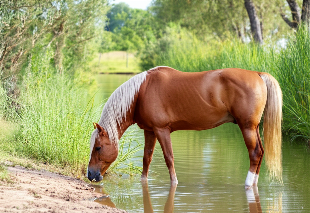 6. Một con ngựa Palomino, với bộ l&ocirc;ng v&agrave;ng &oacute;ng &aacute;nh, đang uống nước ở d&ograve;ng suối trong vắt.  &Aacute;nh nắng chiếu xuống l&agrave;m nổi bật vẻ đẹp ki&ecirc;u sa của n&oacute;.