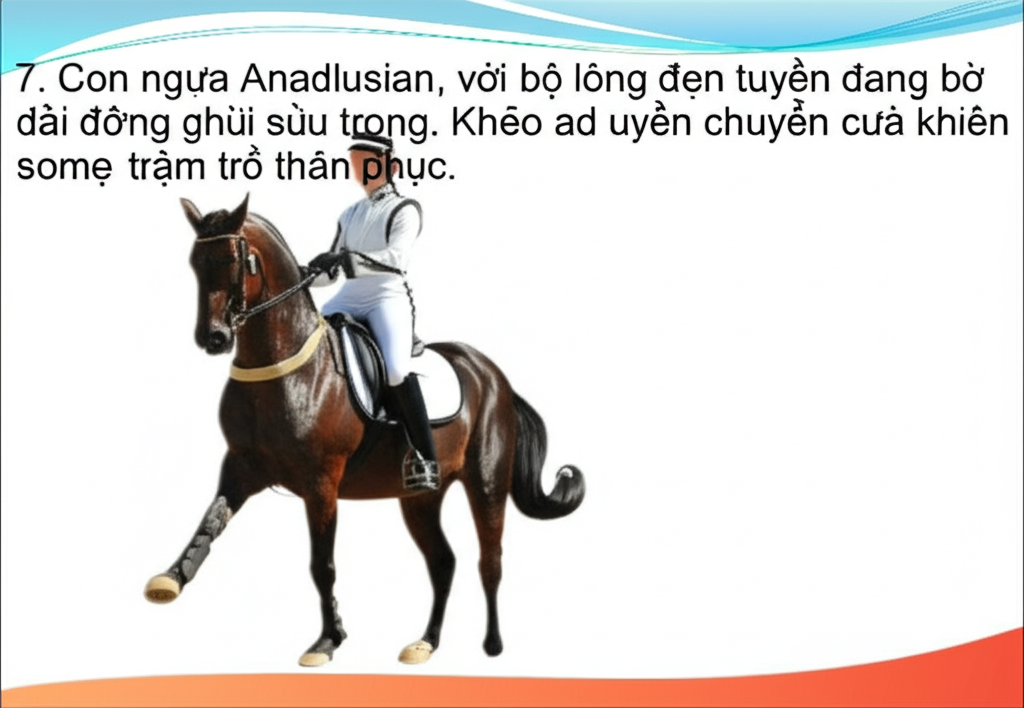 7. Con ngựa Andalusian, với bộ l&ocirc;ng đen tuyền v&agrave; bờm d&agrave;i, đang thực hiện một động t&aacute;c kh&oacute; trong buổi biểu diễn cưỡi ngựa.  Kh&eacute;o l&eacute;o v&agrave; uyển chuyển của n&oacute; khiến người xem trầm trồ th&aacute;n phục.