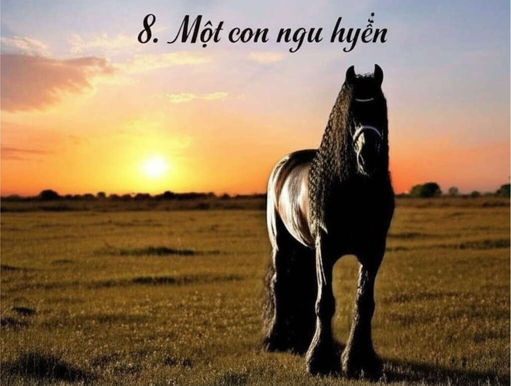 8. Một con ngựa Friesian, với bộ l&ocirc;ng đen huyền b&iacute; v&agrave; bờm d&agrave;i rủ xuống, đang đứng sững sờ trước khung cảnh ho&agrave;ng h&ocirc;n tuyệt đẹp.  H&igrave;nh ảnh thật sự huyền ảo v&agrave; đầy thơ mộng.
