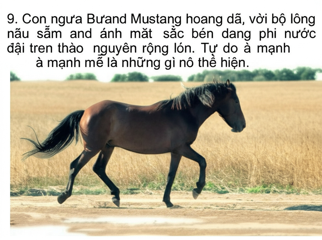 9. Con ngựa Mustang hoang d&atilde;, với bộ l&ocirc;ng n&acirc;u sẫm v&agrave; &aacute;nh mắt sắc b&eacute;n, đang phi nước đại tr&ecirc;n thảo nguy&ecirc;n rộng lớn.  Tự do v&agrave; mạnh mẽ l&agrave; những g&igrave; n&oacute; thể hiện.