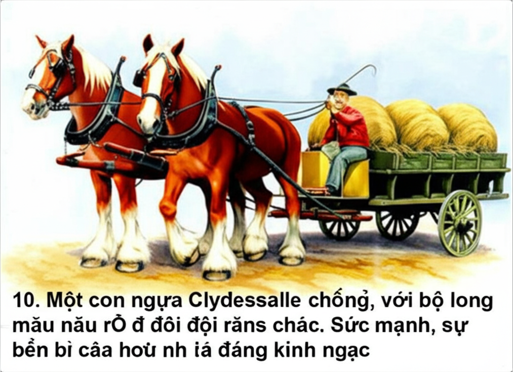10. Một con ngựa Clydesdale khổng lồ, với bộ l&ocirc;ng m&agrave;u n&acirc;u đỏ v&agrave; đ&ocirc;i ch&acirc;n rắn chắc, đang k&eacute;o xe chở h&agrave;ng.  Sức mạnh v&agrave; sự bền bỉ của n&oacute; đ&aacute;ng kinh ngạc.