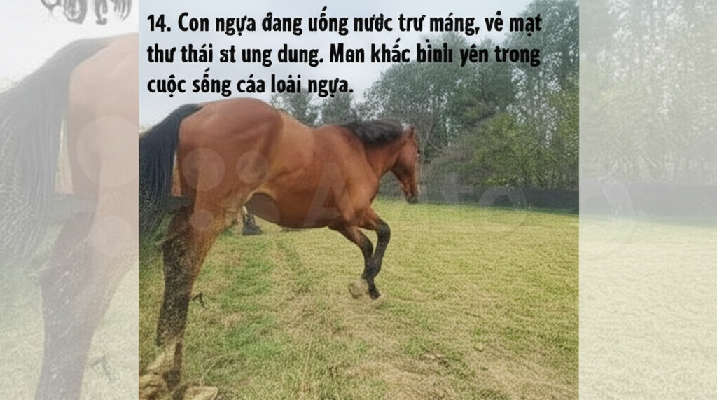 14. Con ngựa đang uống nước từ m&aacute;ng, vẻ mặt thư th&aacute;i v&agrave; ung dung.  Một khoảnh khắc b&igrave;nh y&ecirc;n trong cuộc sống của lo&agrave;i ngựa.