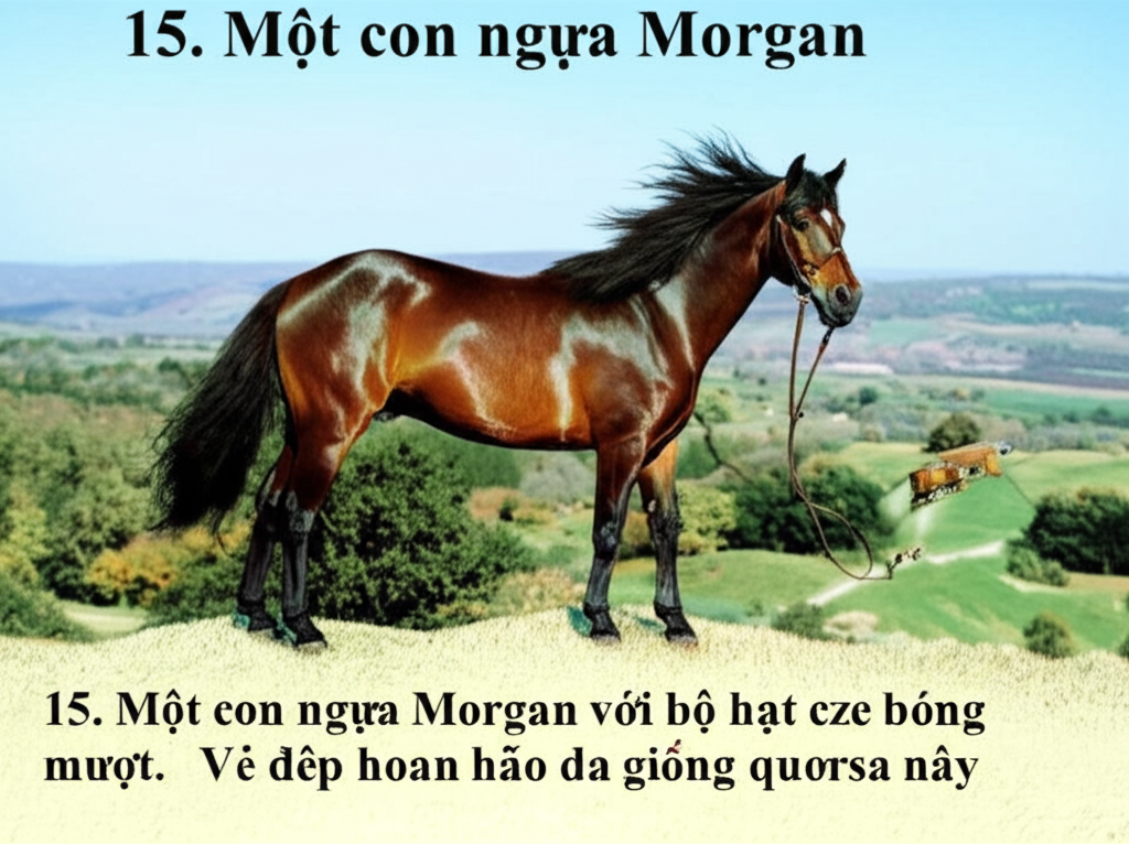 15. Một con ngựa Morgan, với bộ l&ocirc;ng m&agrave;u hạt dẻ b&oacute;ng mượt, đang đứng ki&ecirc;u h&atilde;nh tr&ecirc;n đỉnh đồi.  Vẻ đẹp ho&agrave;n hảo của giống ngựa n&agrave;y.