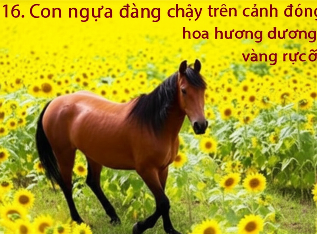 16. Con ngựa đang chạy tr&ecirc;n c&aacute;nh đồng hoa hướng dương v&agrave;ng rực rỡ, một khung cảnh tuyệt đẹp.  H&igrave;nh ảnh ngựa v&agrave; hoa hướng dương tạo n&ecirc;n một vẻ đẹp tươi s&aacute;ng.