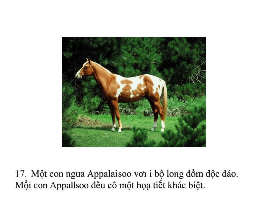 17. Một con ngựa Appaloosa, với bộ l&ocirc;ng đốm độc đ&aacute;o, đang đứng trong rừng th&ocirc;ng xanh mướt.  Mỗi con ngựa Appaloosa đều c&oacute; một họa tiết kh&aacute;c biệt.