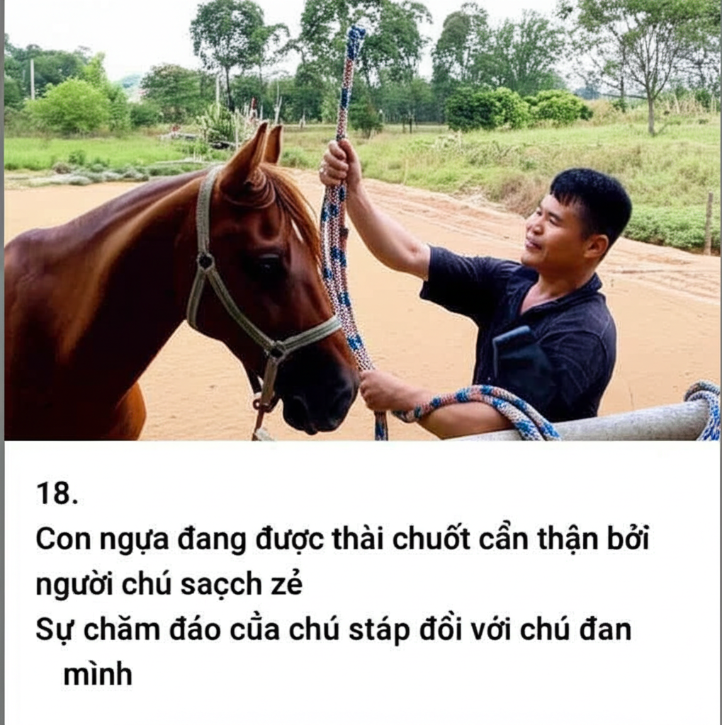 18. Con ngựa đang được chải chuốt cẩn thận bởi người chủ, bộ l&ocirc;ng b&oacute;ng mượt v&agrave; sạch sẽ.  Sự chăm s&oacute;c chu đ&aacute;o của chủ nh&acirc;n đối với ch&uacute; ngựa của m&igrave;nh.