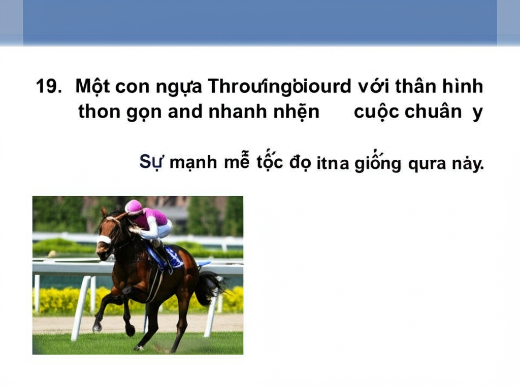 19. Một con ngựa Thoroughbred, với th&acirc;n h&igrave;nh thon gọn v&agrave; nhanh nhẹn, đang chuẩn bị cho một cuộc đua.  Sự mạnh mẽ v&agrave; tốc độ của giống ngựa n&agrave;y.