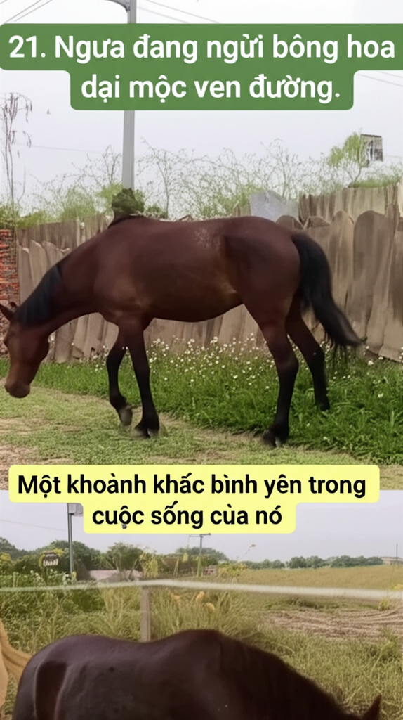 21. Ngựa đang ngửi b&ocirc;ng hoa dại mọc ven đường.  Một khoảnh khắc b&igrave;nh y&ecirc;n trong cuộc sống của n&oacute;.