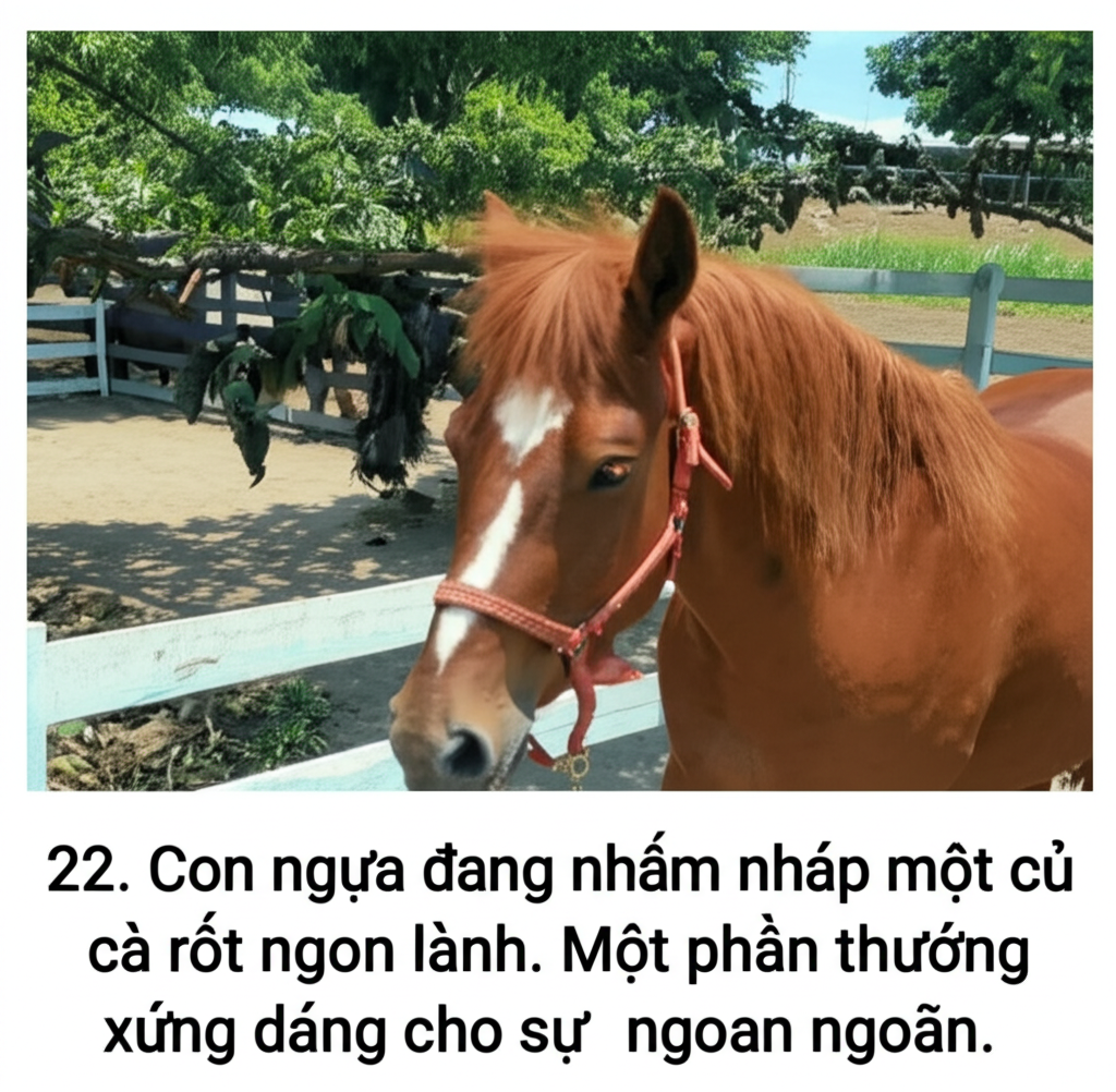 22. Con ngựa đang nhấm nh&aacute;p một củ c&agrave; rốt ngon l&agrave;nh.  Một phần thưởng xứng đ&aacute;ng cho sự ngoan ngo&atilde;n.