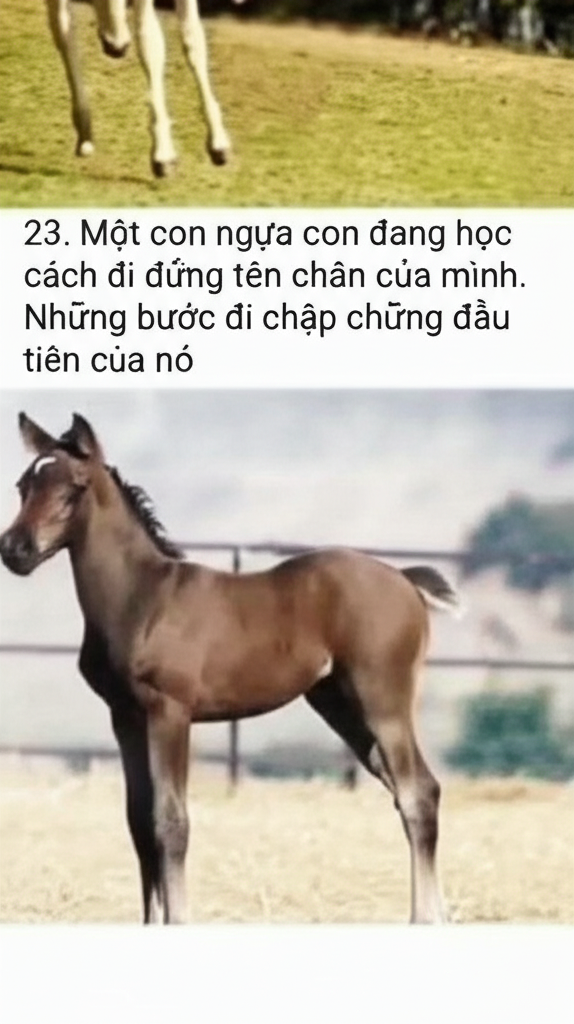 23. Một con ngựa con đang học c&aacute;ch đi đứng tr&ecirc;n ch&acirc;n của m&igrave;nh.  Những bước đi chập chững đầu ti&ecirc;n của n&oacute;.