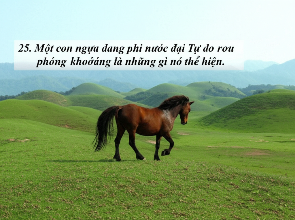 25. Một con ngựa đang phi nước đại tr&ecirc;n một ngọn đồi đầy cỏ xanh mướt.  Tự do v&agrave; ph&oacute;ng kho&aacute;ng l&agrave; những g&igrave; n&oacute; thể hiện.