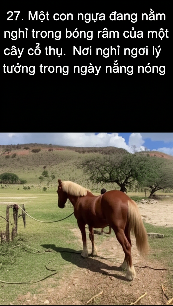 27. Một con ngựa đang nằm nghỉ trong b&oacute;ng r&acirc;m của một c&acirc;y cổ thụ.  Nơi nghỉ ngơi l&yacute; tưởng trong ng&agrave;y nắng n&oacute;ng.