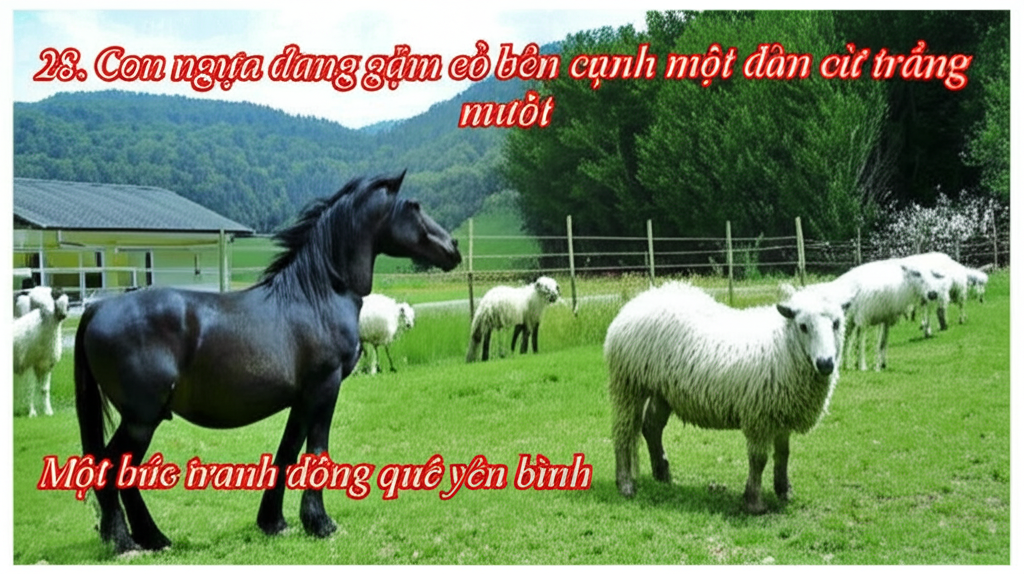 28. Con ngựa đang gặm cỏ b&ecirc;n cạnh một đ&agrave;n cừu trắng muốt.  Một bức tranh đồng qu&ecirc; y&ecirc;n b&igrave;nh.