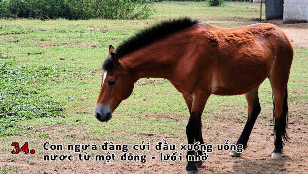 34. Con ngựa đang c&uacute;i đầu xuống uống nước từ một d&ograve;ng suối nhỏ.  Một h&agrave;nh động tự nhi&ecirc;n v&agrave; b&igrave;nh thường.