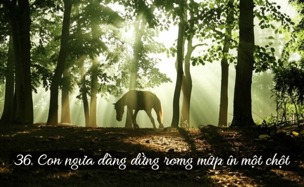36. Con ngựa đang đứng trong một khu rừng rậm rạp, &aacute;nh nắng chiếu xuy&ecirc;n qua t&aacute;n l&aacute;.  Một khung cảnh huyền b&iacute; v&agrave; đầy sức sống.