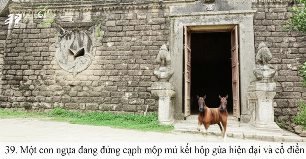 39. Một con ngựa đang đứng cạnh một bức tường đ&aacute; cổ k&iacute;nh.  Một sự kết hợp giữa hiện đại v&agrave; cổ điển.