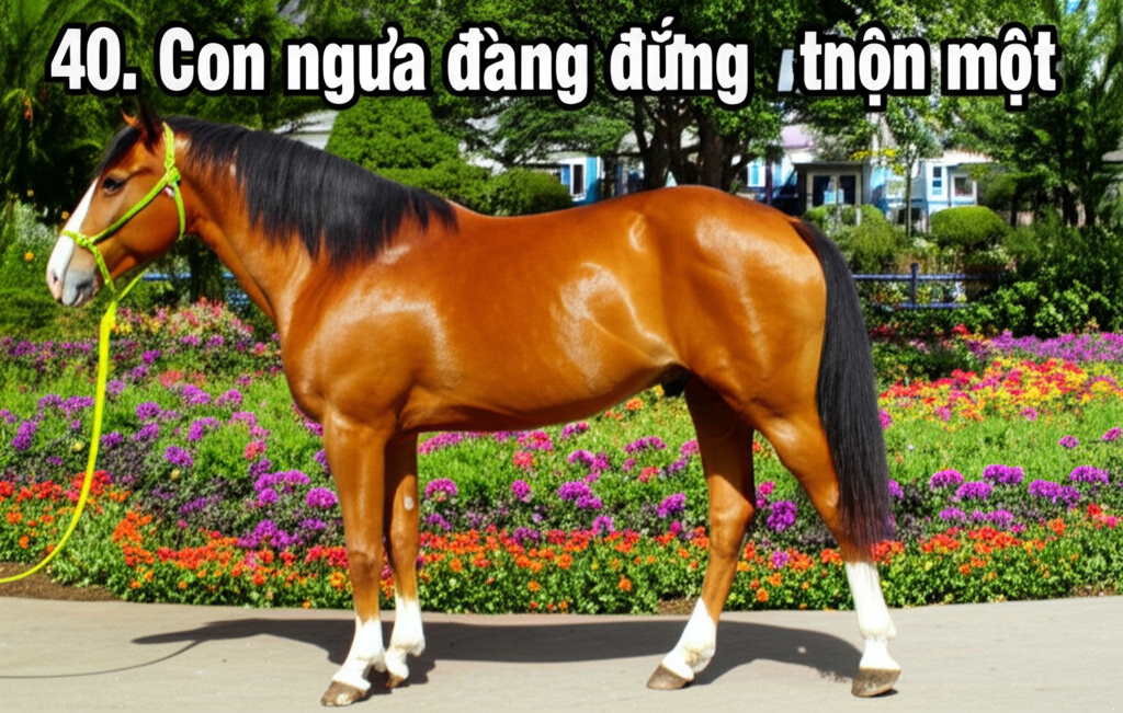 40. Con ngựa đang đứng trong một khu vườn hoa đầy m&agrave;u sắc.  Một khung cảnh tươi tắn v&agrave; rực rỡ.