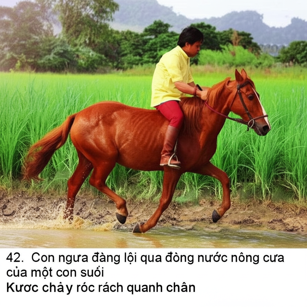 42.  Con ngựa đang lội qua d&ograve;ng nước n&ocirc;ng của một con suối, nước chảy r&oacute;c r&aacute;ch quanh ch&acirc;n n&oacute;.  Khoảnh khắc tươi m&aacute;t v&agrave; sảng kho&aacute;i.