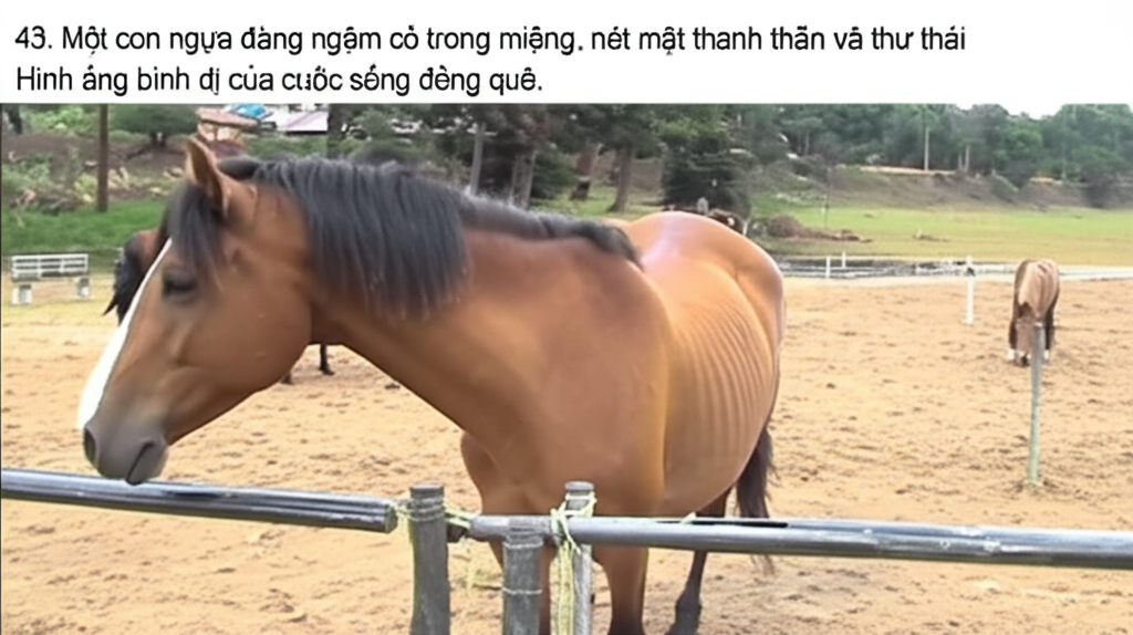 43. Một con ngựa đang ngậm cỏ trong miệng, n&eacute;t mặt thanh thản v&agrave; thư th&aacute;i.  H&igrave;nh ảnh b&igrave;nh dị của cuộc sống đồng qu&ecirc;.