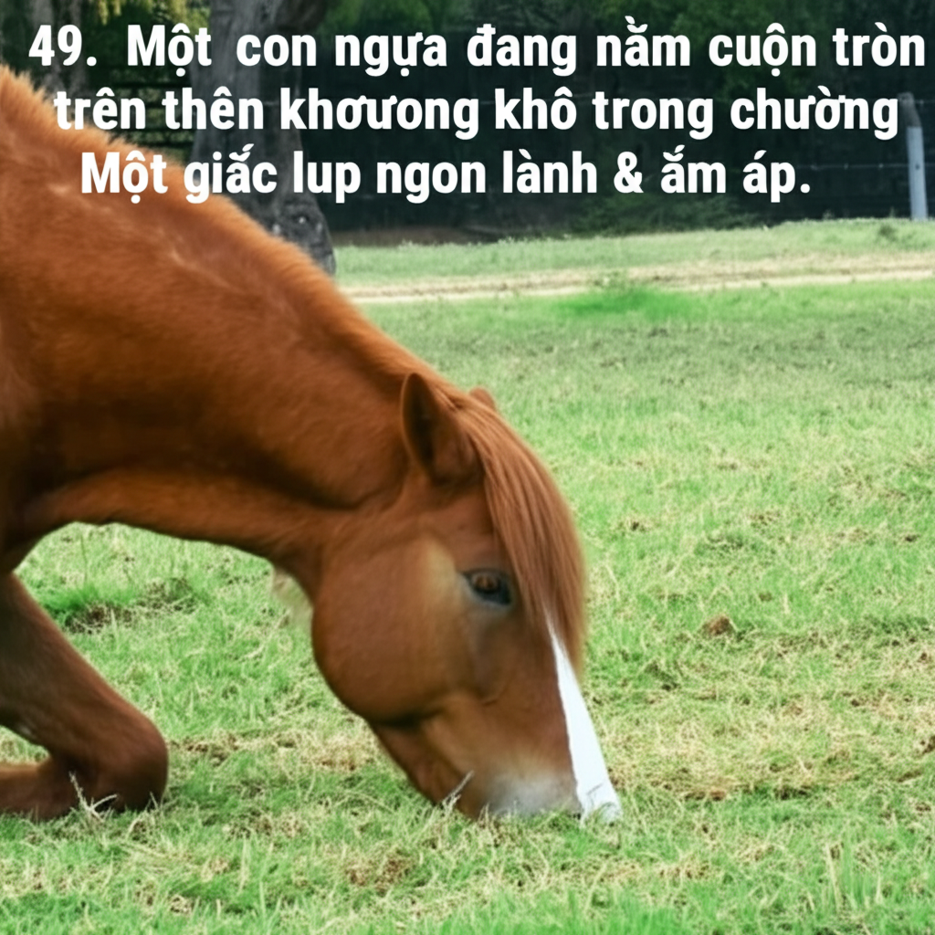 49. Một con ngựa đang nằm cuộn tr&ograve;n tr&ecirc;n cỏ kh&ocirc; trong chuồng, vẻ mặt thoải m&aacute;i v&agrave; thư gi&atilde;n.  Một giấc ngủ ngon l&agrave;nh v&agrave; ấm &aacute;p.