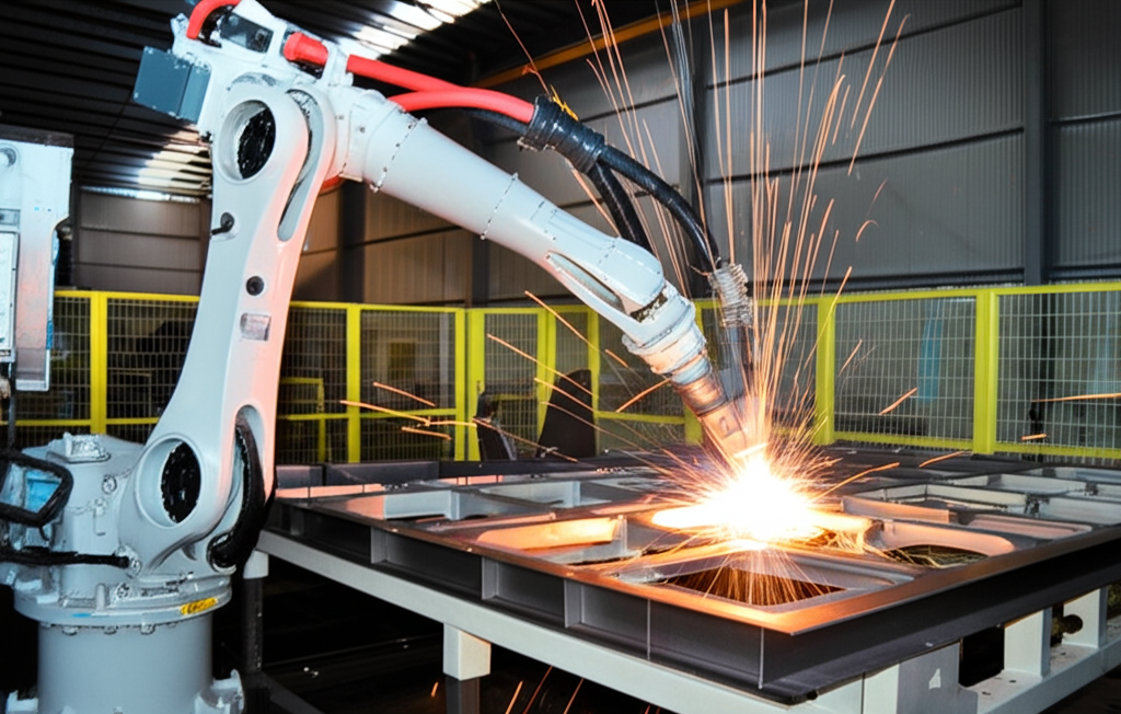 **Ảnh 1:** Một robot c&ocirc;ng nghiệp khổng lồ, m&agrave;u x&aacute;m bạc, đang h&agrave;n một khung kim loại lớn với những tia lửa bắn tung t&oacute;e.  C&aacute;nh tay robot mạnh mẽ, ch&iacute;nh x&aacute;c di chuyển theo một chương tr&igrave;nh đ&atilde; được lập tr&igrave;nh sẵn, tạo ra tiếng k&ecirc;u v&ugrave; v&ugrave; của động cơ mạnh mẽ.