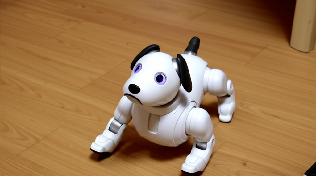 **Ảnh 2:**  Một robot nhỏ, h&igrave;nh d&aacute;ng giống như một ch&uacute; ch&oacute; bằng nhựa m&agrave;u trắng, đang di chuyển một c&aacute;ch vụng về tr&ecirc;n một s&agrave;n nh&agrave; l&aacute;t gỗ.  Đ&ocirc;i mắt LED nhỏ của n&oacute; nhấp nh&aacute;y khi n&oacute; định hướng bằng cảm biến, t&igrave;m kiếm vật cản tr&ecirc;n đường đi của m&igrave;nh.