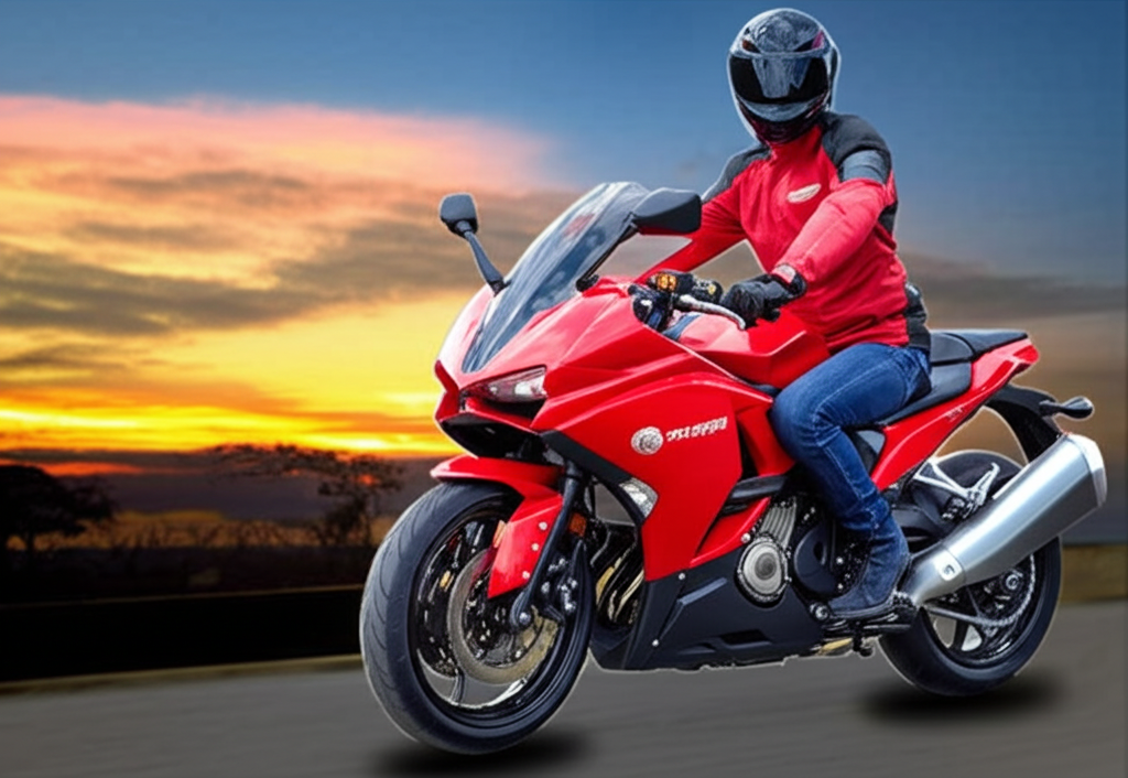 2.  Người đ&agrave;n &ocirc;ng mặc &aacute;o da đen đang ngồi tr&ecirc;n chiếc xe moto ph&acirc;n khối lớn m&agrave;u đỏ, đội mũ bảo hiểm k&iacute;n đầu, sẵn s&agrave;ng cho một chuyến đi d&agrave;i. Bầu trời ph&iacute;a sau nhuốm m&agrave;u cam rực rỡ của ho&agrave;ng h&ocirc;n.