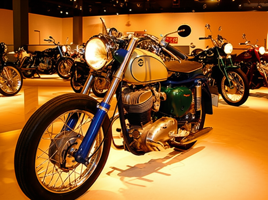 4.  Chiếc xe moto cổ điển m&agrave;u trắng bạc được trưng b&agrave;y trong một bảo t&agrave;ng, tỏa s&aacute;ng dưới &aacute;nh đ&egrave;n v&agrave;ng. C&aacute;c chi tiết kim loại được đ&aacute;nh b&oacute;ng cẩn thận, cho thấy sự tỉ mỉ trong thiết kế.