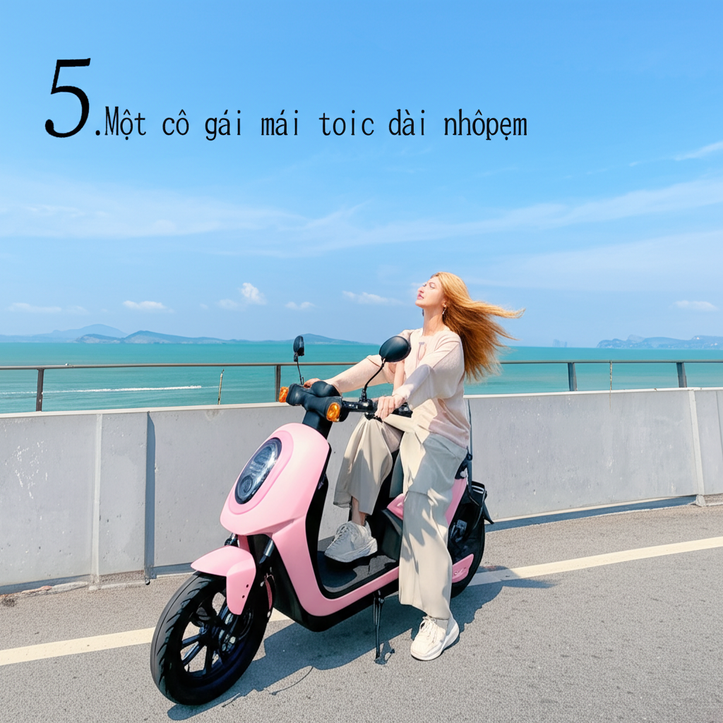 5.  Một c&ocirc; g&aacute;i với m&aacute;i t&oacute;c d&agrave;i nhuộm v&agrave;ng đang l&aacute;i chiếc xe moto điện m&agrave;u hồng tr&ecirc;n con đường ven biển, gi&oacute; thổi tung m&aacute;i t&oacute;c. Biển xanh ngắt trải d&agrave;i ph&iacute;a xa, tạo n&ecirc;n một khung cảnh thanh b&igrave;nh.